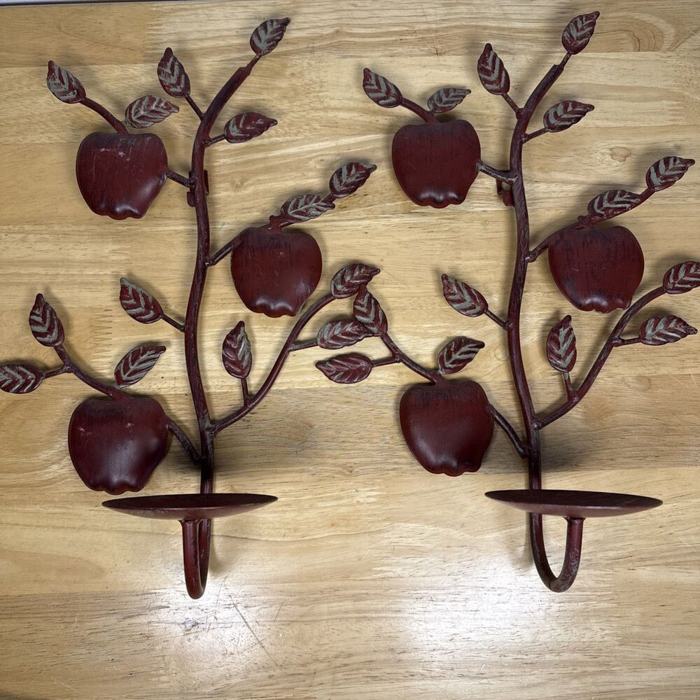 Vintage Apple Wall Sconce Set of 2 Red Metal Candle Holders 15”x10”